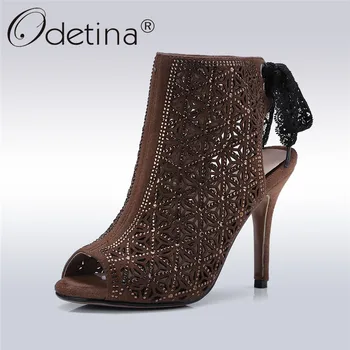 

Odetina New Fashion Suede Leather Sling Backs High Heels Stilettos Women Sandals Peep Toe Fretwork Lace Up Dress Shoes Summer