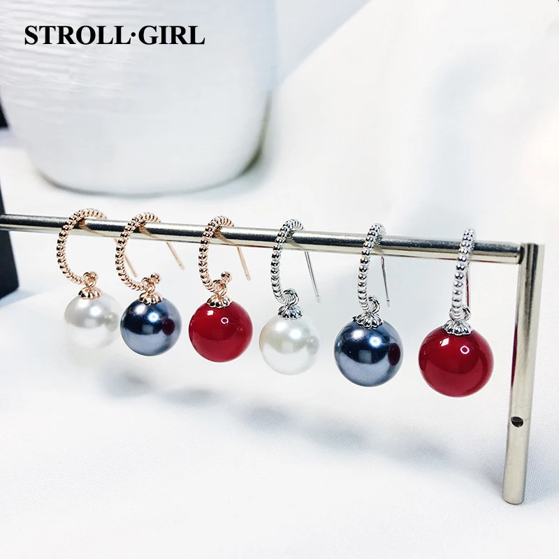 

StrollGirl Strollgirl New 925 Silver Rose Gold Color round circle drop earrings red &blue & white pearl earrings for Women