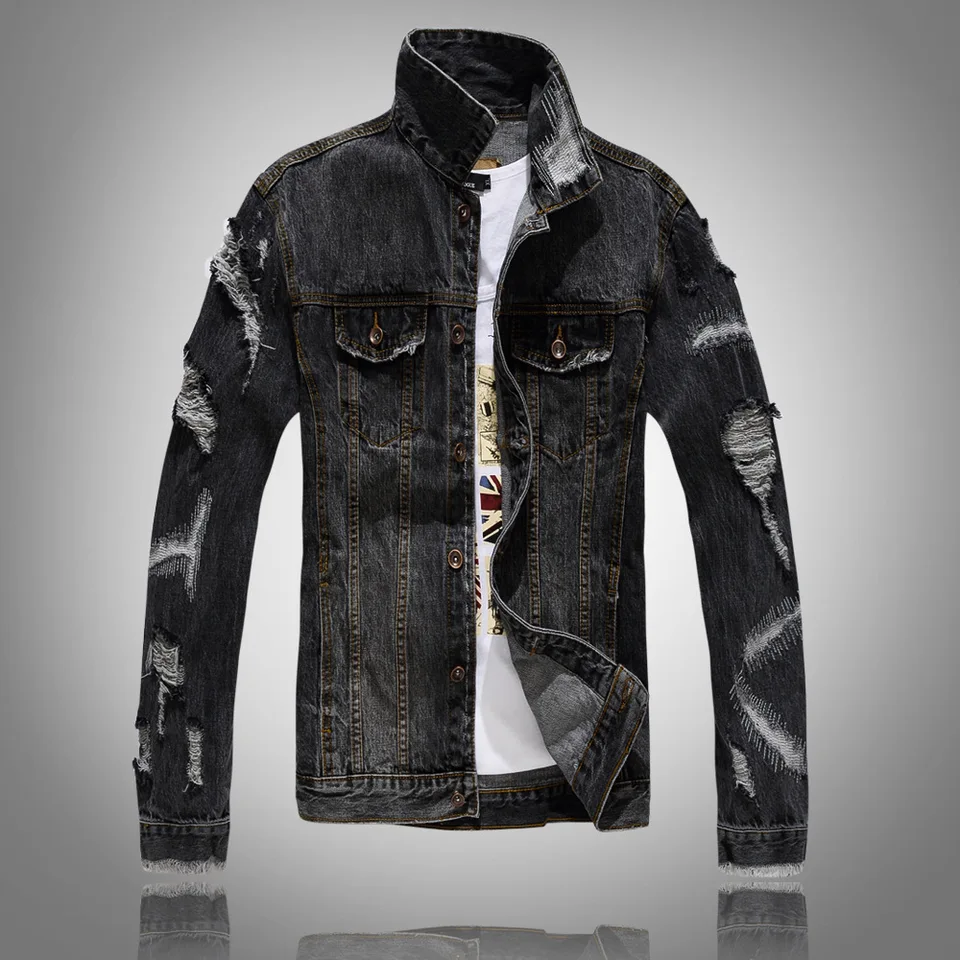 Ripped Black Denim Jacket Men Online 