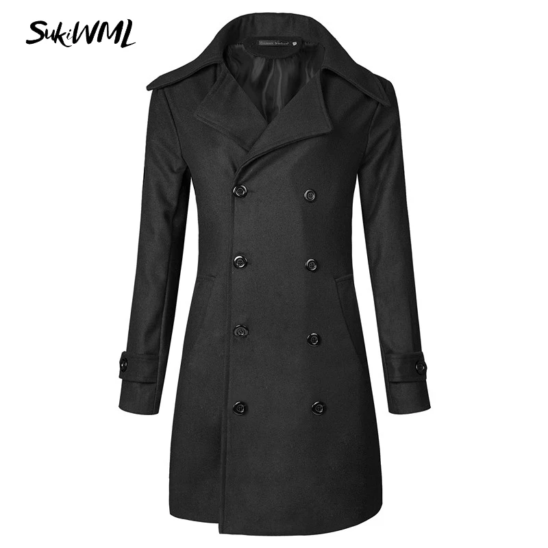 

SUKIWML 2017 Fashion Men's Long Trench Coats Winter Warm Polyester Trench Coat Masculino Double Breasted Black Male Trench Coat