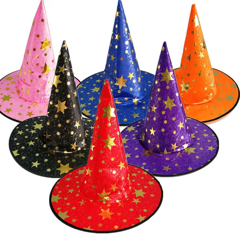 

Halloween Wizard Hat Witch Hat Children Adult Masquerade Black Oxford Cloth Stage Props Gold Stars Magic Hat Party Cosplay