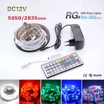 

5M High Bright 5050/2835 RGB LED Strip Light 300LEDs Flexible Ribbon Tape Lamp+10/17/20/24/44Key Controller+12v3A Power Supplier