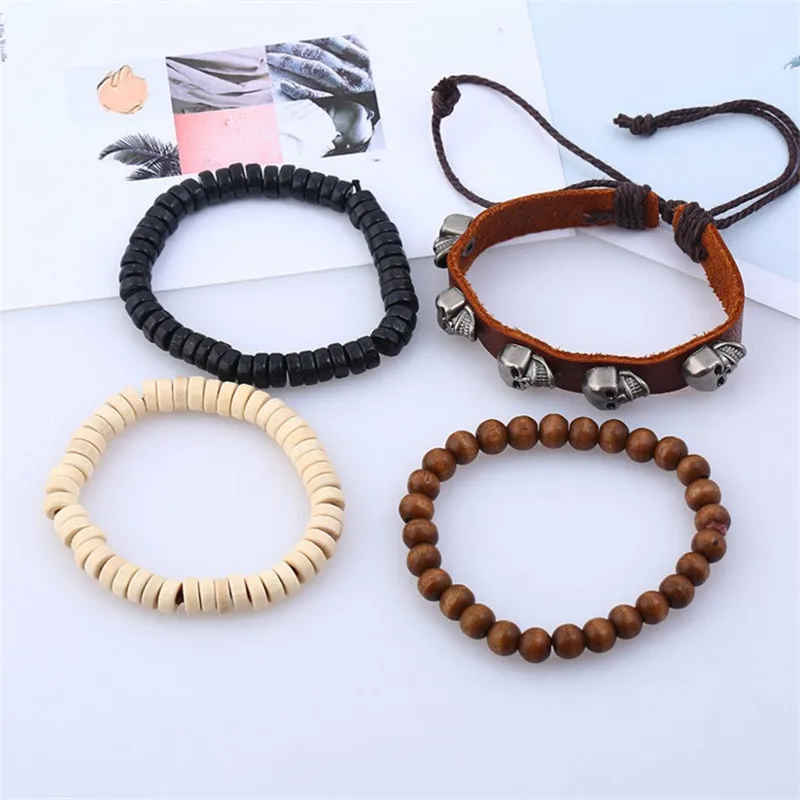 Мужской кожаный браслет Cuir Homme Pulsera Hombre мужской с черепами и деревянными бусинами