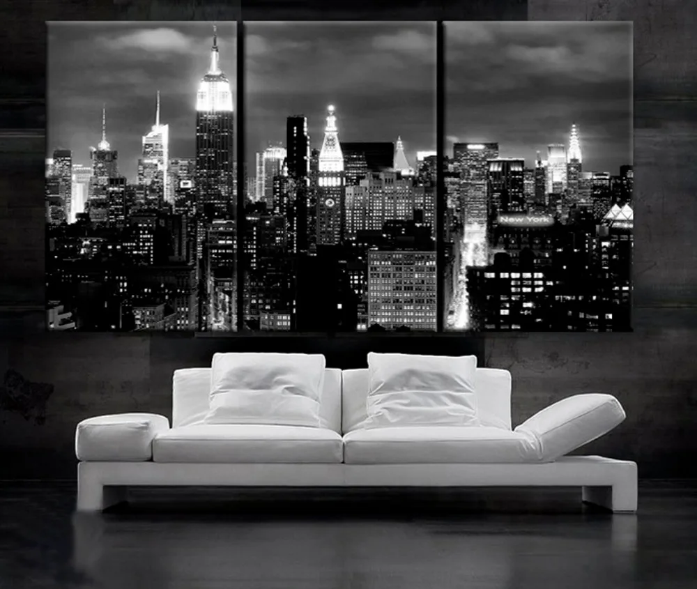 3panelscanvaspaintingprintingBlackandwhitecitynightviewcity