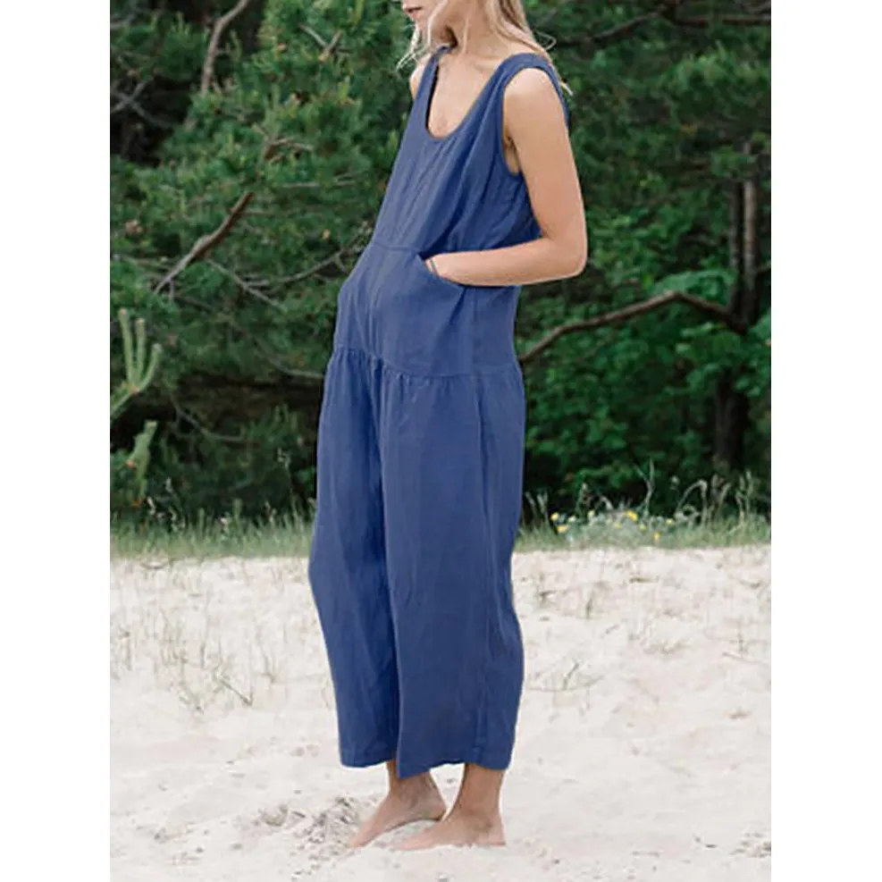 2019 Summer Women Sleeveless Jumpsuit Casual Solid Cotton Linen Rompers Loose Plus Size Wide Leg Jumpsuits 2019 Summer Women Sleeveless Jumpsuit Casual Solid Cotton Linen Rompers Loose Plus Size Wide Leg Jumpsuits