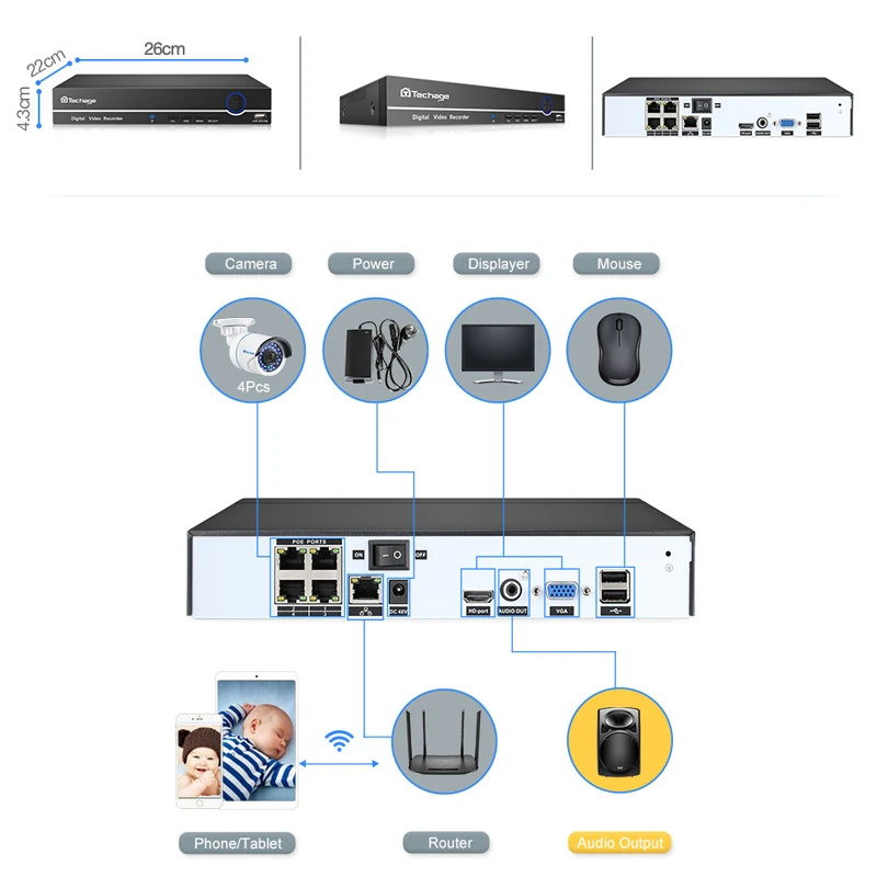Techage видеонаблюдения системы 4CH 1080 P POE NVR комплект 2MP открытый аудио микрофон IP