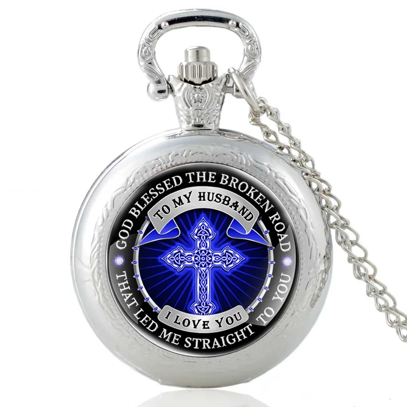 

Best Gift To My Husband, I Love You Fashion Black Retro Quartz Pocket Watch Cross Necklace Watch