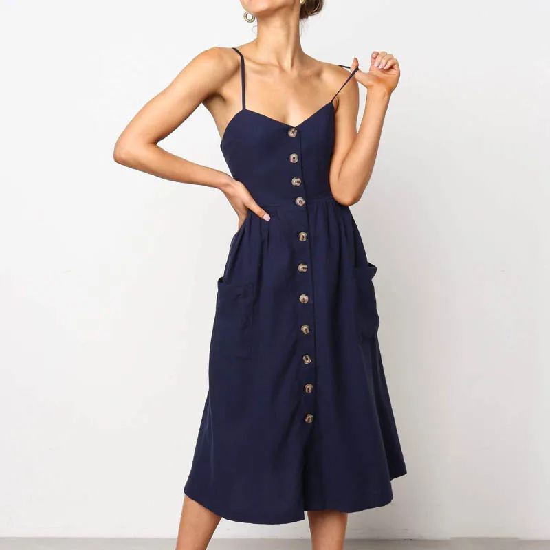 ELSVIOS Women Sexy Backless Printed Beach Summer Dress Ladies V-neck Buttons Spaghetti Strap Dresses Casual Pockets Midi Dress - Цвет: Navy Blue