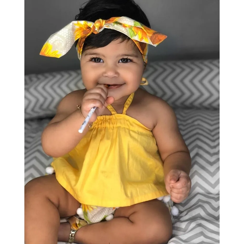 

Toddler Baby Girls Sleeveless Suspender Tops+Floral Shorts+Headbands Set Outfit newborn clothes kids clothing meisjes kleding