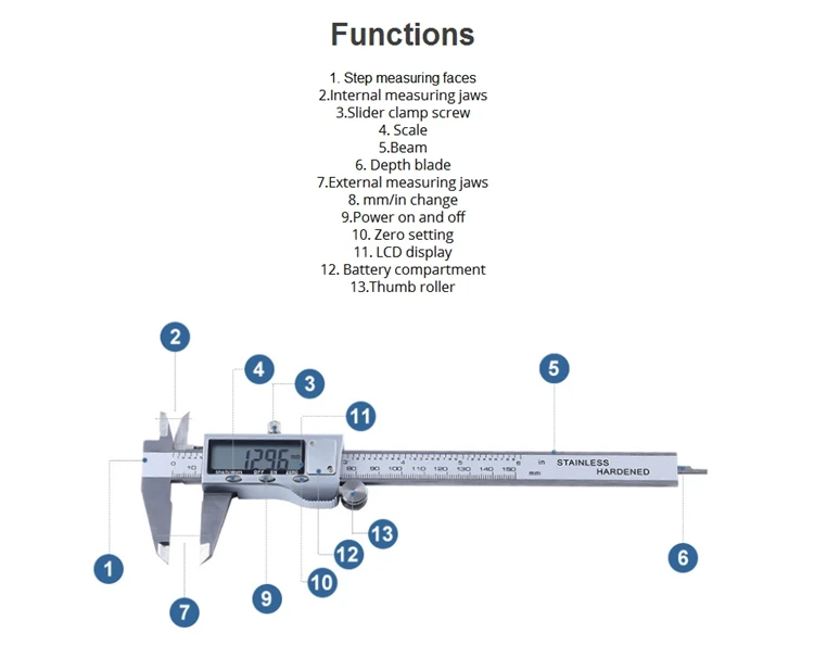 Мм 200 мм металл цифровой Электронный штангенциркуль 8 "Большой ЖК дисплей дюймов/мм Деревообработка правитель измерительные приборы Внутри