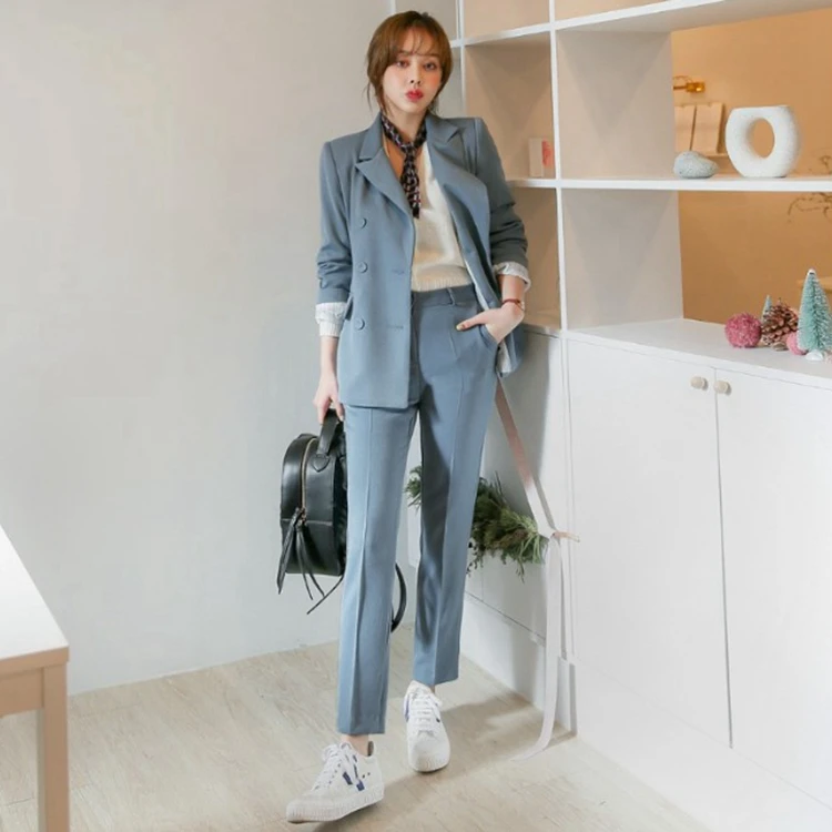 

High quality light blue suit suit female new wild temperament fashion casual pink suit nine pants two sets women suit set