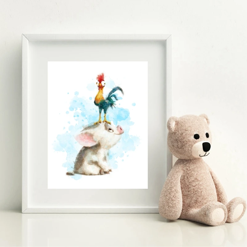 

Pua and Heihei Watercolor Posters Prints Canvas Art Painting Wall Art Nursery Decorative Picture Moana Kids Decoration