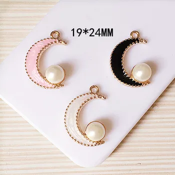 

New Arrived 50pcs/lot Pearls decoration Alloy drop oil Gold Tone Cartoon Moon Shape Charms Diy Jewelry Pendants Accessory