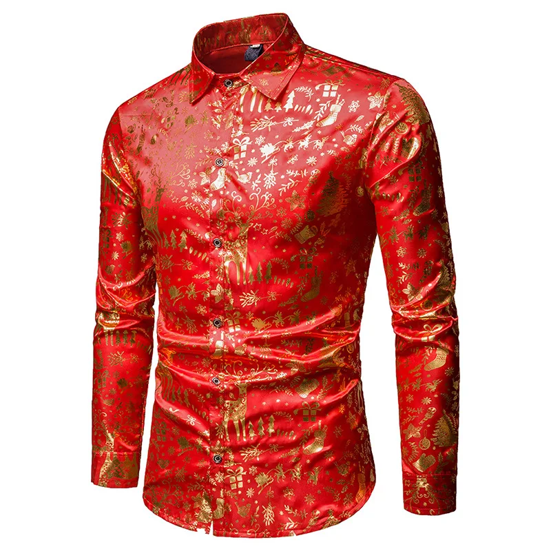 Для мужчин новый год печатных рубашки для мальчиков Мода 2019 г. китайский стиль с длинным рукавом красная рубашка Винтаж Slim Fit Большой