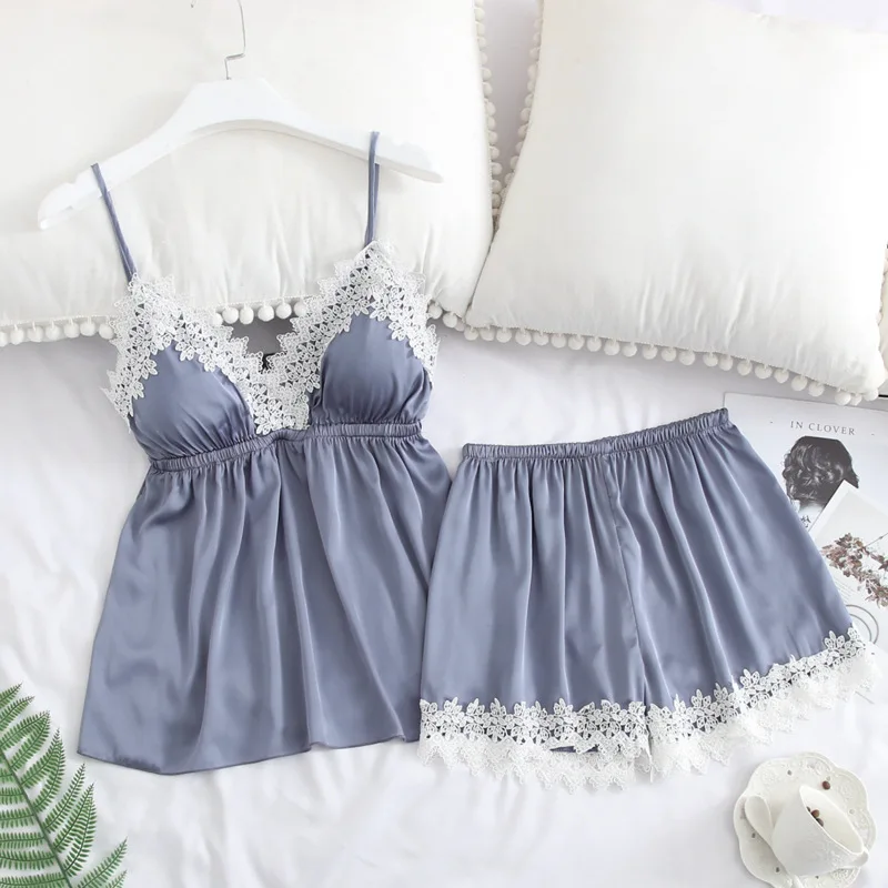 

Missyou Ladies Sexy Silk Lace Pajamas With Chest Pad V-neck Summer Shorts Sets Pyjamas Women's Satin Two Piece Suit Pijamas