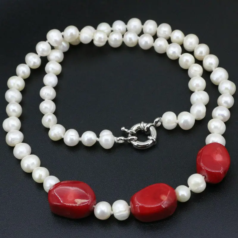 7-8 мм белый натуральный пресноводный жемчуг+ коралловое ожерелье 18"