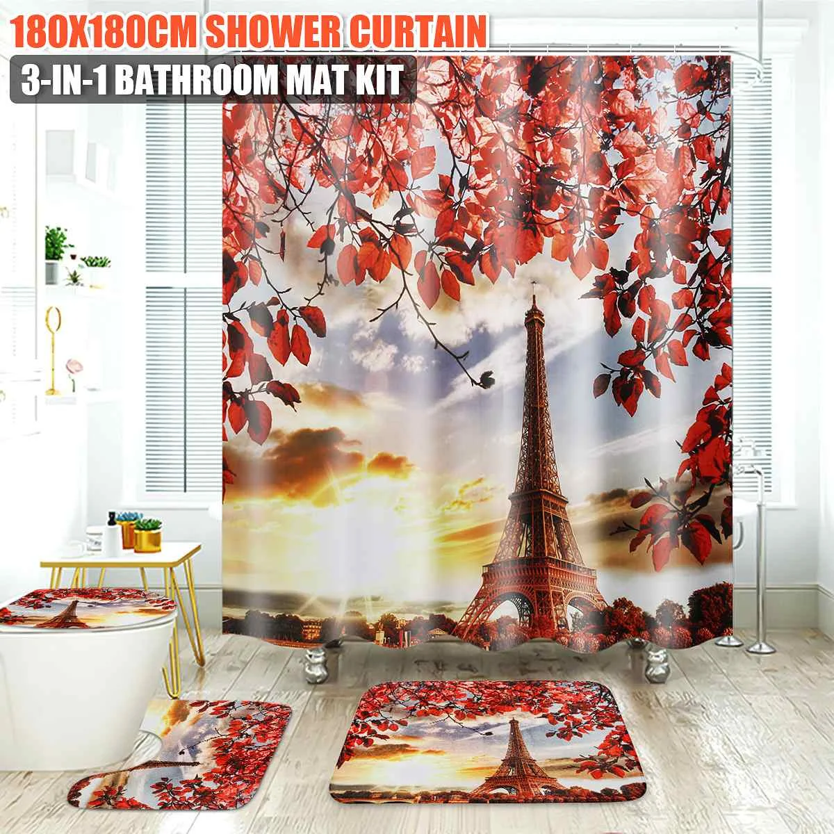 

180X180cm Waterproof Shower Curtain with Hooks/Bath Mat/Toilet Pad Set Anti-slip Pattern Paris Eiffel Tower Carpet