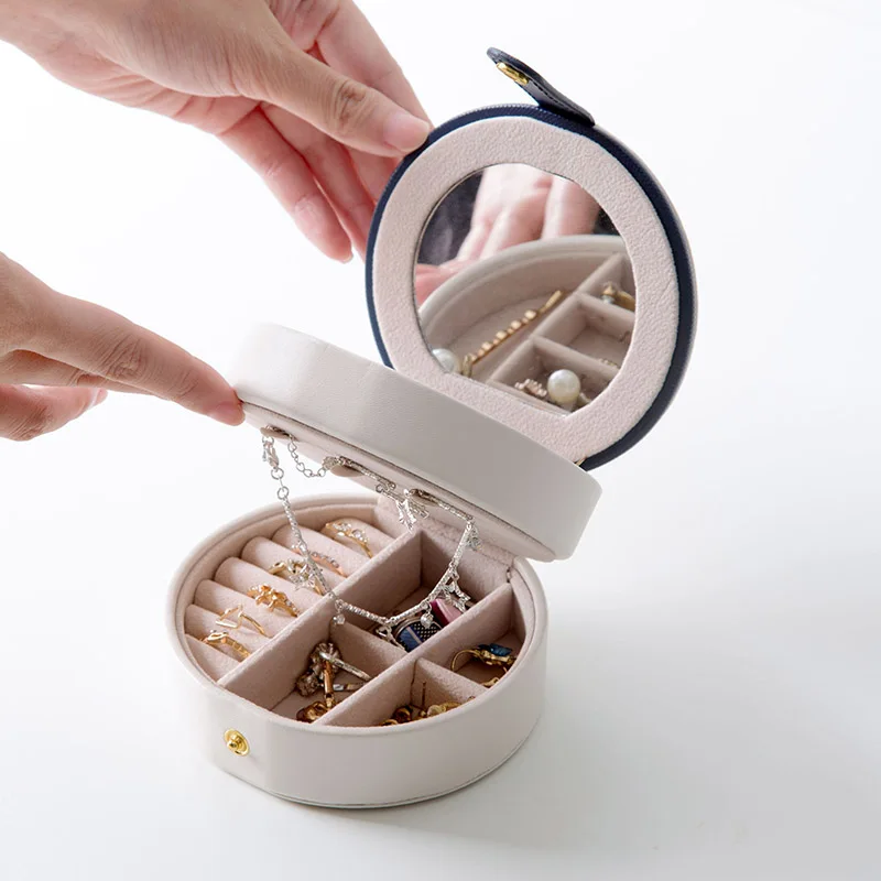 Portable Travel Jewelry Box Round Ring Earrings Bracelets Necklaces Gift Organizer Leather Storage Box
