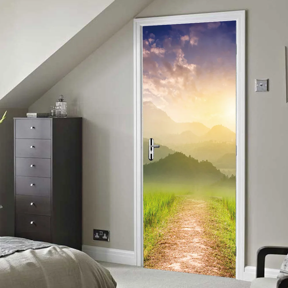 

Light Purple Sky Way Mountains Fairy Tale World Scene Door Sticker Home Decoration Door Decal For Bedroom Shop Office Cafe