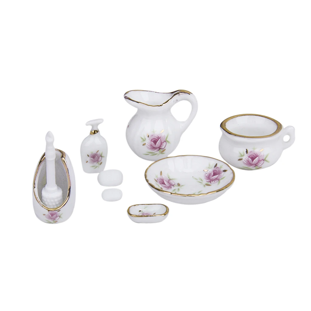 8PCS Decorative Floral Ceramic Bathroom Accessories Set for 1/12 Dollhouse
