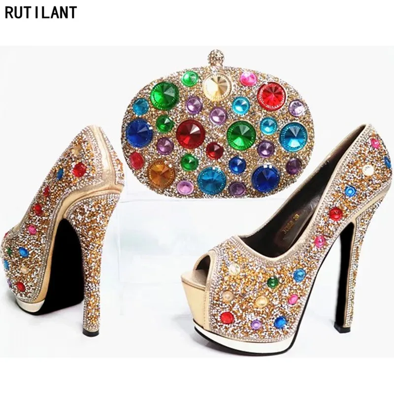 Noir Dames Strass Ensemble or Parti De Clair Chaussures bleu Africain Sac Décoré Mariage vert jaune Avec Italiennes pourpre Italien Femmes rose Et wxzq68xCB