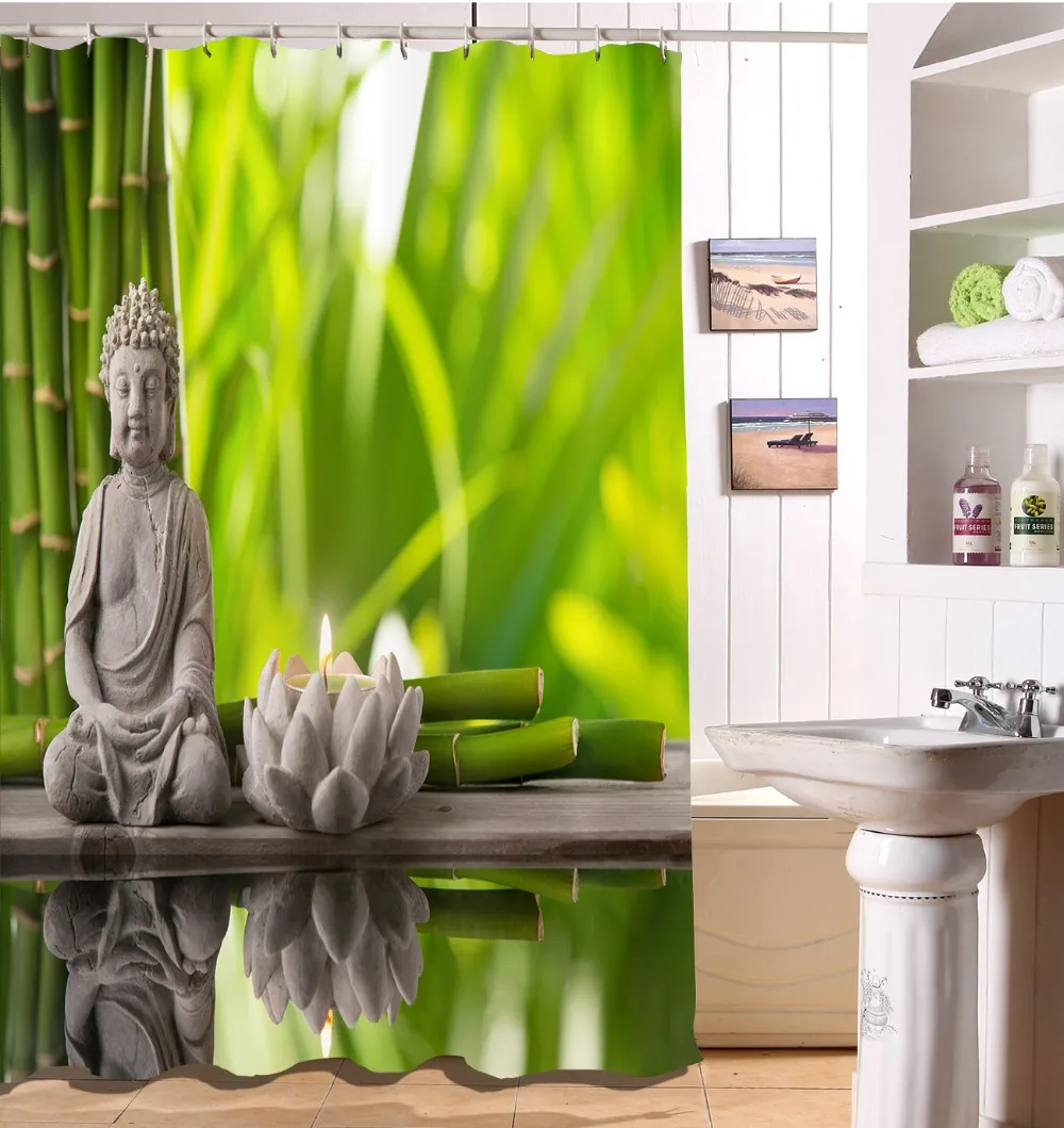 

Bath Products Buddha Meditation Spring Reflection Shower Curtain Bathroom Mildewproof Waterproof Fabric Polyester 72 Inch Hooks