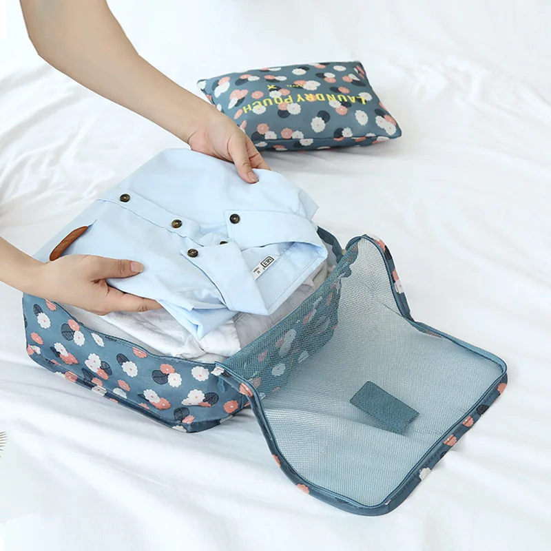 Fashion Double Zipper Waterproof Polyester Men And Women Luggage Travel Bags Packing Cubes 6pcs/set