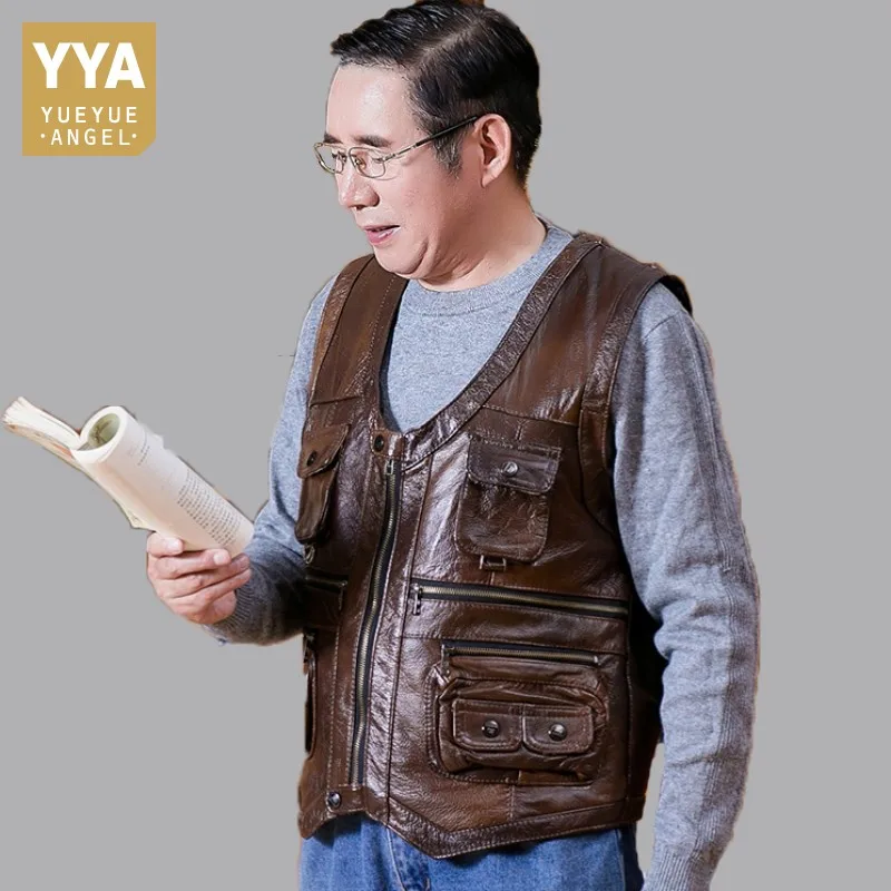 

New Brand Genuine Cow Leather Vest Mens Sleeveless Real Leather Vest Many Pockets Brown Motorcycle Jacket Male Waistcoat