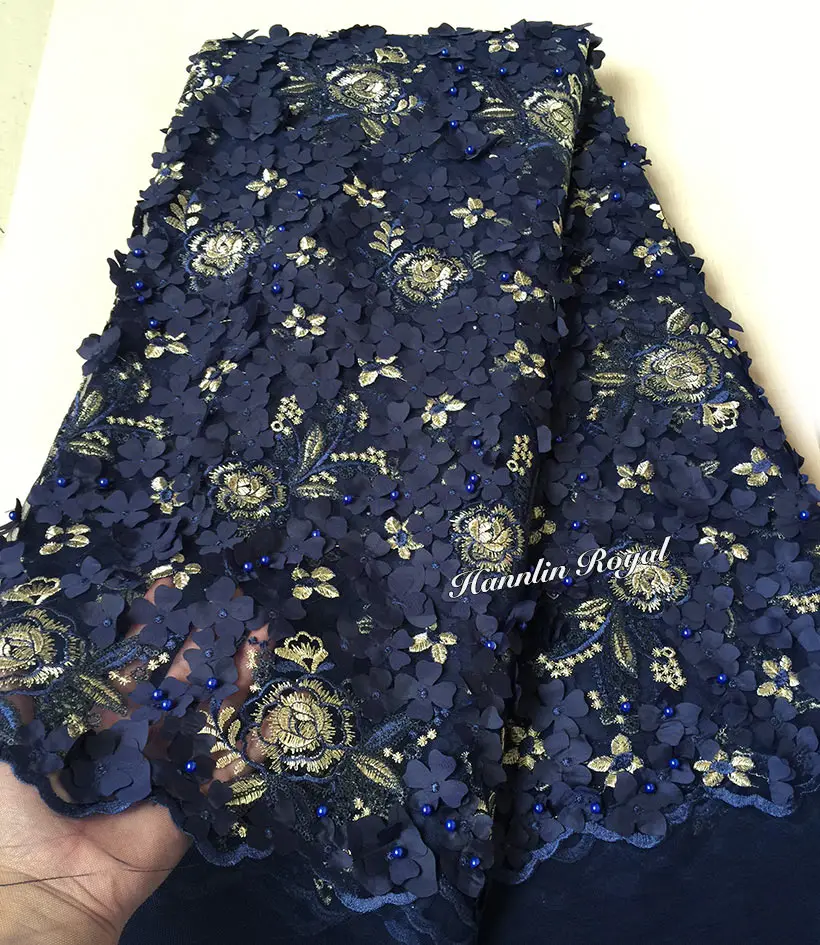 

Navy blue Gold beaded french lace fabric classic African sewing tulle lace with Allover Appliques Sequins 5 yards wise choice