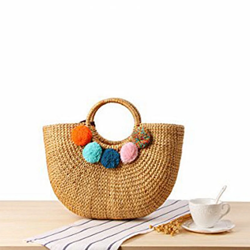 

ABDB Womens Vintage Straw Woven Handbags Casual Beach Vacation Large Tote Bags With Round Handle Ring(Hairball)