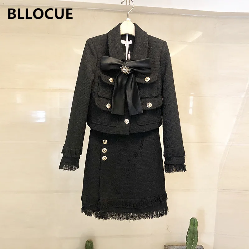 

BLLOCUE 2018 Autumn Winter Luxury Design runway Tweed jacket Women Bow Blazer+Elegant Slim Skirt 2pcs Suit Set Outfi