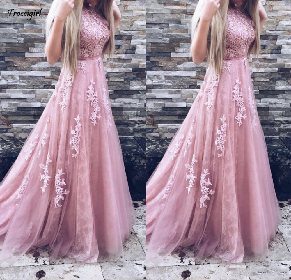 

2019 Long Prom Dresses A Line Appliques Lace Sleeveless With Belt Blush Pink Formal Evening Gowns Prom Dress Party dress