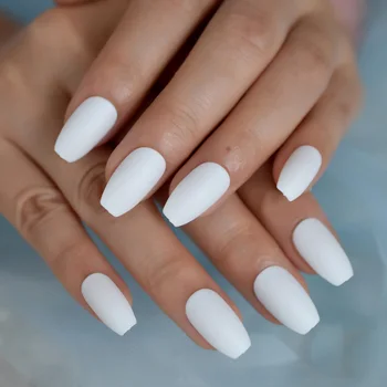 

Matte White Ballerina False Nails Frosted Coffin Flat Press on Fake Nails Tips Faux Ongle Daily Finger Wear Free Glue Sticker