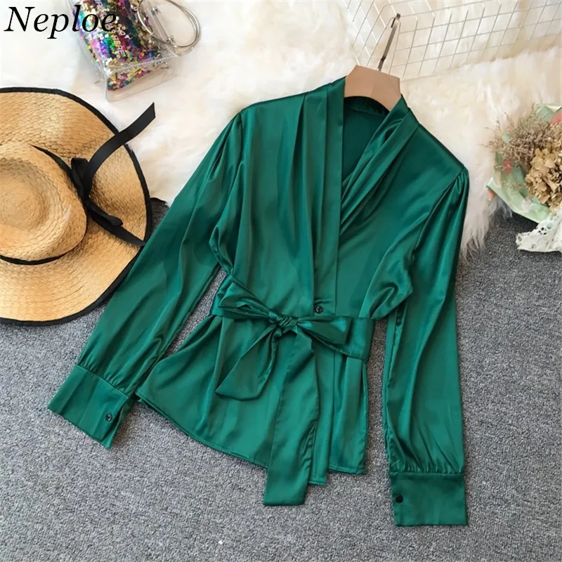 

Neploe 2019 Autumn Solid V-neck Women Shirts Long Sleeve Bow Lace Up Blouse Sashes Slim Elegant Fashion New Blusa Feminina 68339