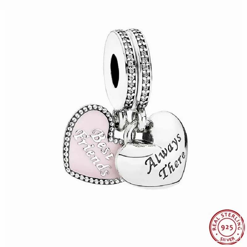 

Soft Pink Enamel & Clear CZ Best Friends Pendant Beads for Women Jewelry Making DIY Fit PANDORA Charms Silver 925 Original FL409