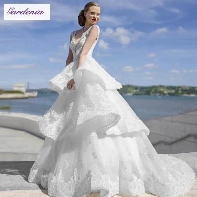 Cap Sleeve Lace Wedding Dress Sexy Deep V Neck Low Cut Open Back