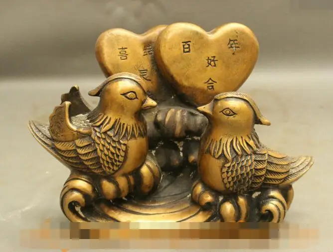 

S06670 8" Folk Chinese Bronze 2 Loving Mandarin Duck Aix Galericulata Good Love Statue