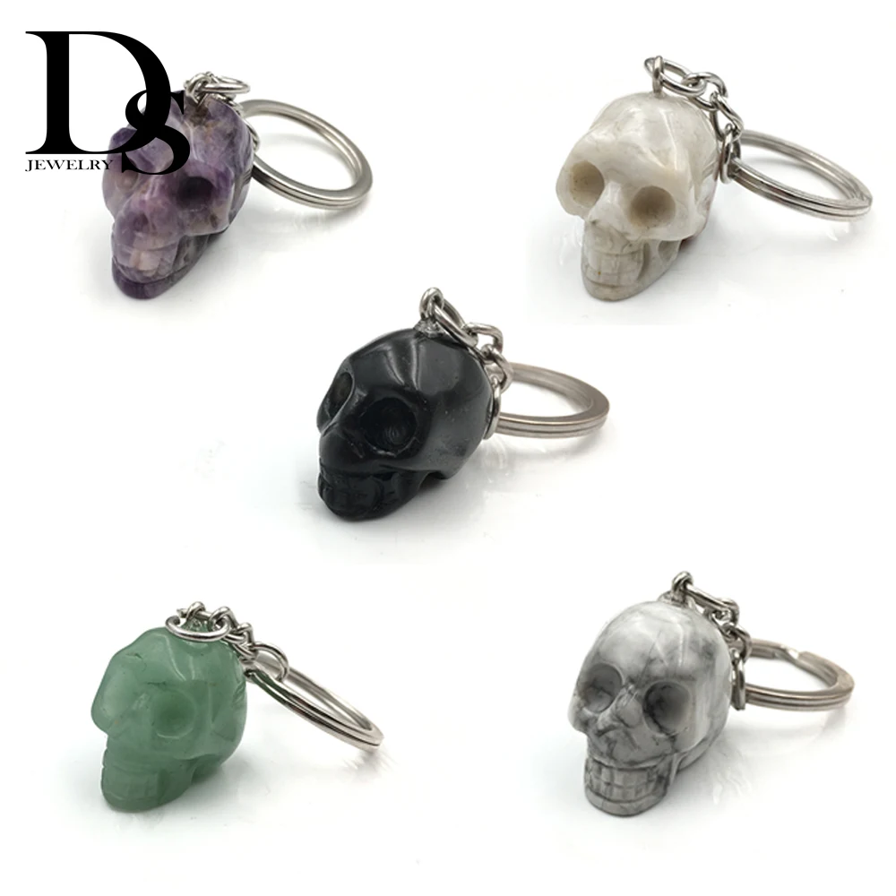 

Natural Crystal Quartz Stone Skull Keychain Amethyst Pendant Howlite Turquoise FigurineAgate Obsidian Aventurine Key ring Holder