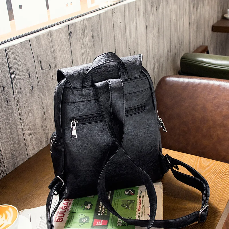  Women Backpack PU Leather School Backpacks For Teenage Girls Black Soft Casual Travel Bolsas Femini - 32919811215