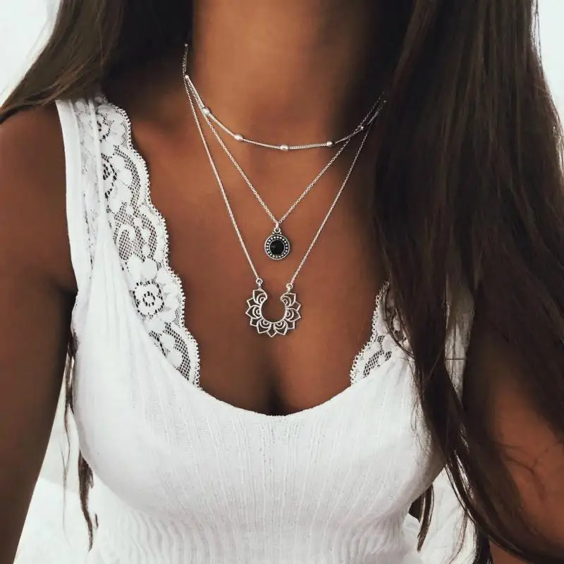 Новое модное популярное ожерелье в стиле бохо Ретро серебряное многослойное женское ожерелье национальная горячая Распродажа ювелирных изделий оптом - Окраска металла: Посеребренный