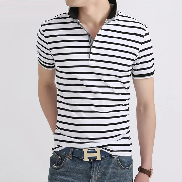 Мужская рубашка поло [сток] Корейская мужская рубашка с коротким рукавом летняя ремонтная мужская повседневная полосатая рубашка поло с отворотом 6556