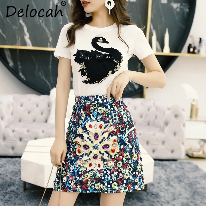 

Delocah Spring Summer Ladies Suits Runway Fashion Designer Gorgeous Animal Printed T-shirt+Crystal Sequined Skirt 2 Pieces Set