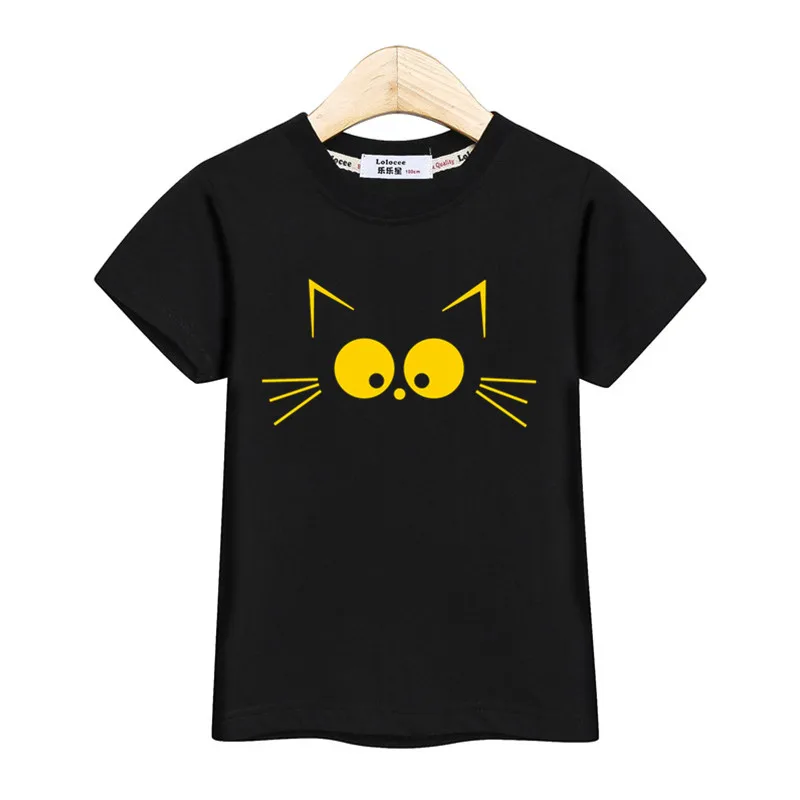 Детская футболка с золотым принтом топы с милым принтом кота для мальчиков, футболка для маленьких девочек, летняя одежда с короткими рукавами детская забавная Рубашка Модный Топ - Цвет: Black
