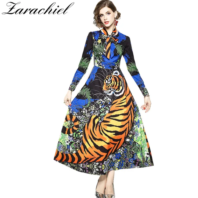 Aliexpress 2018 Runway Women Fashion Tiger Printed Vintage 2018 Runway Women Fashion Tiger Printed Vintage Scarf Bow Tie O Neck Long Sleeve Fall