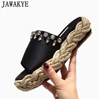 

Summer Shoes Women pink blue satin silk Crystal decor Slippers Platform wedge high heels 2018 Outdoor Tide sandals Female