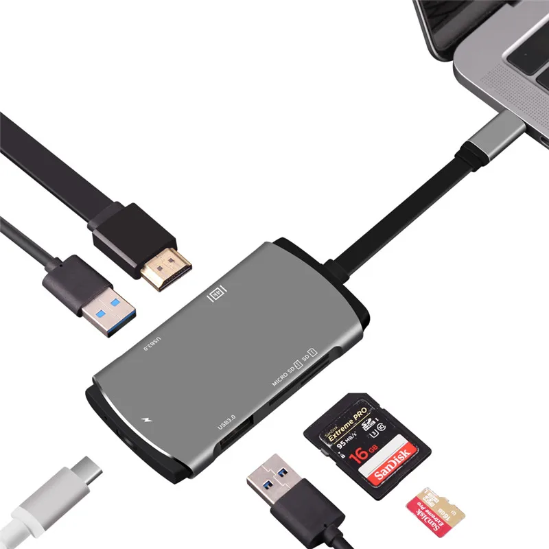 

usb hub 7 in 1 USB C Hub adapter type-c hub with 1*HDMI 2*USB 3.0 SD/TF Card slots and a Charging port For Macbook/MacBook Pro