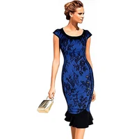 2015 New Women Vintage Classic Blue Lace Patchwork Puff Sleeve Peter Pan Collar Button Slimming Party Mermaid Dress S-XXL