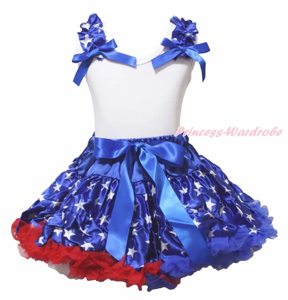 

4th July Star 1st Heart America Stars Dog Minnie Bling Apple Plain White Top Girl Blue Stars Satin Bow Skirt Outfit Set 1-8Year