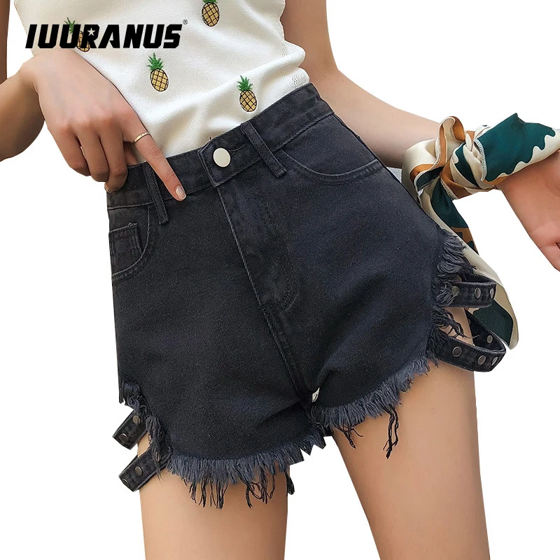 

IUURANUS Design High Waist Summer Denim Shorts 2019 Women Europe Style Hot Ripped Shorts Hot Fashion Fringe Black Jeans Shorts