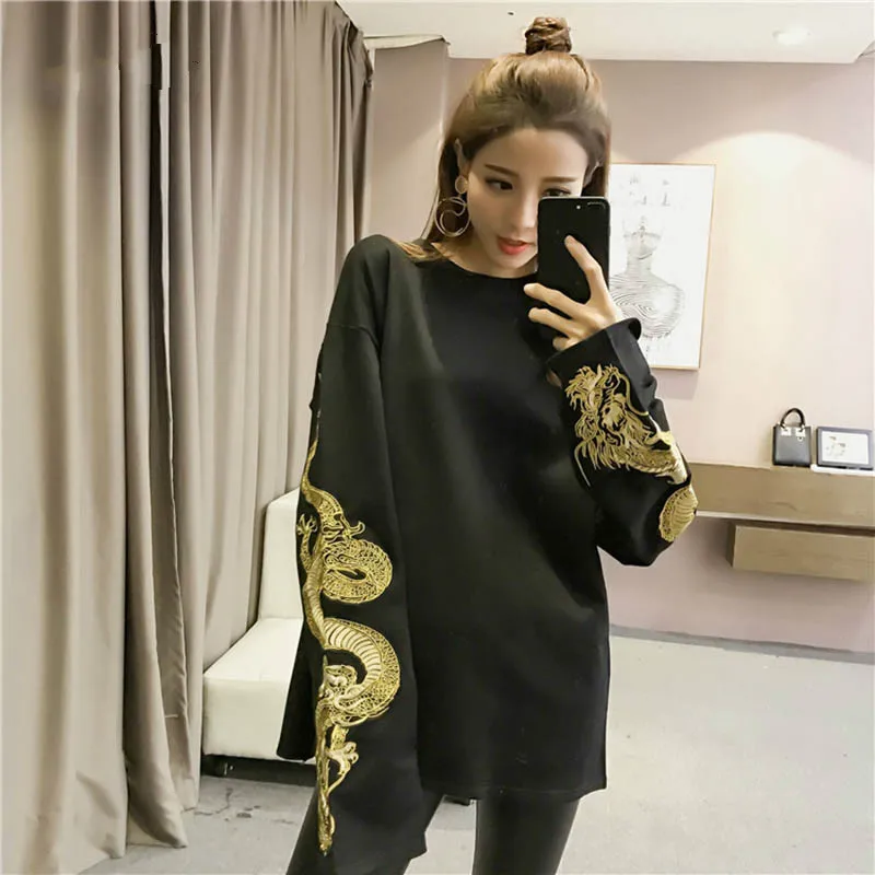 

Lychee Girls Long Sleeve Dragon Embroidery Sweatshirt O Neck Long Sleeve Women Sweatshirts Spring Autumn Casual Pullovers